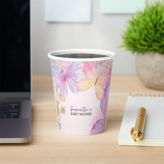Pink Purple Floral Oh Baby Butterfly Baby shower Paper Cups (Insitu)