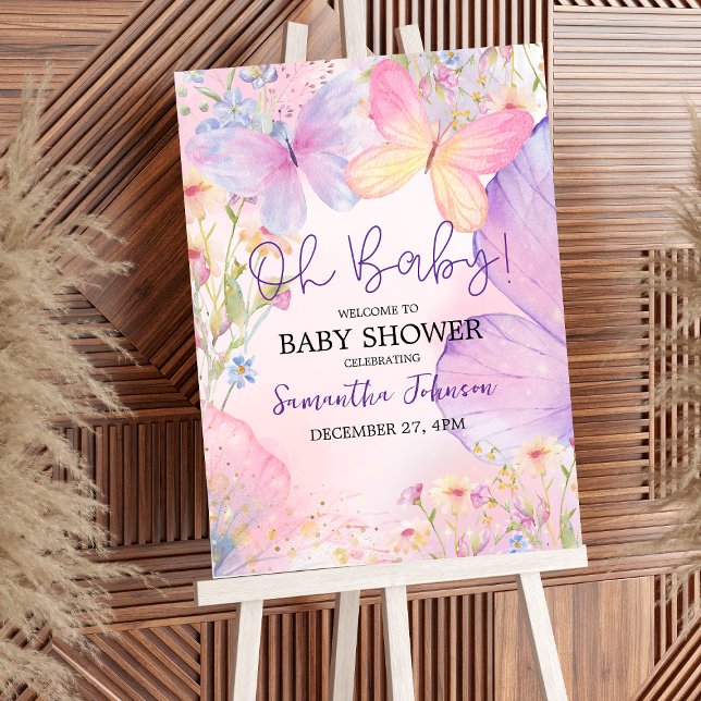 Pink Purple Floral Oh Baby Butterfly Baby shower  Poster (Creator Uploaded)