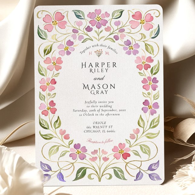 Pink & Purple Floral Petal Frame Wedding Invitation (Creator Uploaded)