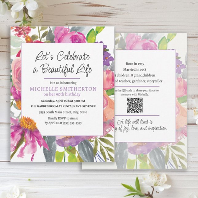 Pink Purple Floral QR Code 90th Birthday Invitation (Pink and purple watercolor floral 2-sided QR code 90th birthday party invitation)