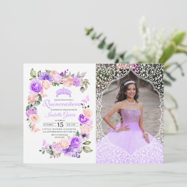 Pink & Purple Floral Quinceanera Birthday Photo Invitation (Standing Front)