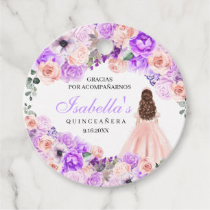Pink & Purple Floral Quinceanera Circle Favour Tag