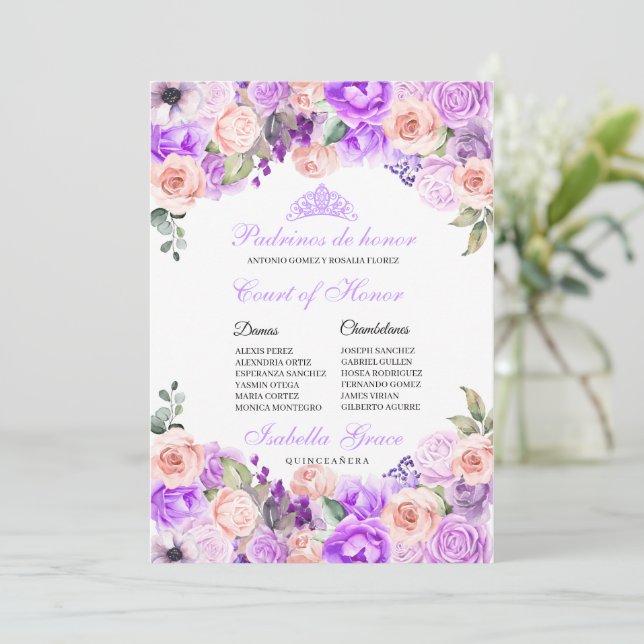 Pink & Purple Floral Quinceanera Court of Honour Invitation (Standing Front)