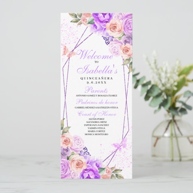Pink & Purple Floral Quinceanera Program Invitation (Standing Front)