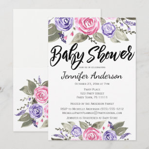 Pink Purple Floral Rose Watercolor Baby Shower Invitation