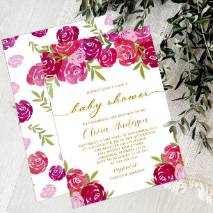 Pink & Purple Floral Roses Baby Girl Shower Invitation