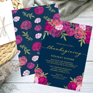 Pink Purple Floral Roses Blue Thanksgiving Dinner Invitation