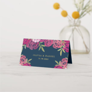 Pink & Purple Floral Roses Leaves Blue Wedding Place Card