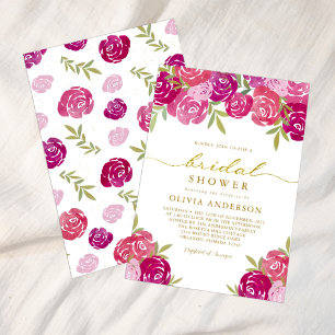 Pink & Purple Floral Roses Leaves Bridal Shower Invitation