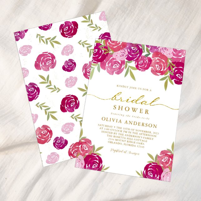 Pink & Purple Floral Roses Leaves Bridal Shower Invitation (Creator Uploaded)