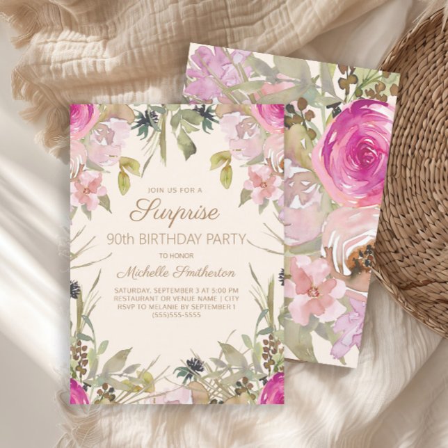 Pink Purple Floral Surprise 90th Birthday   Invita Invitation (Elegant pink watercolor floral Surprise 90th birthday party invitation)