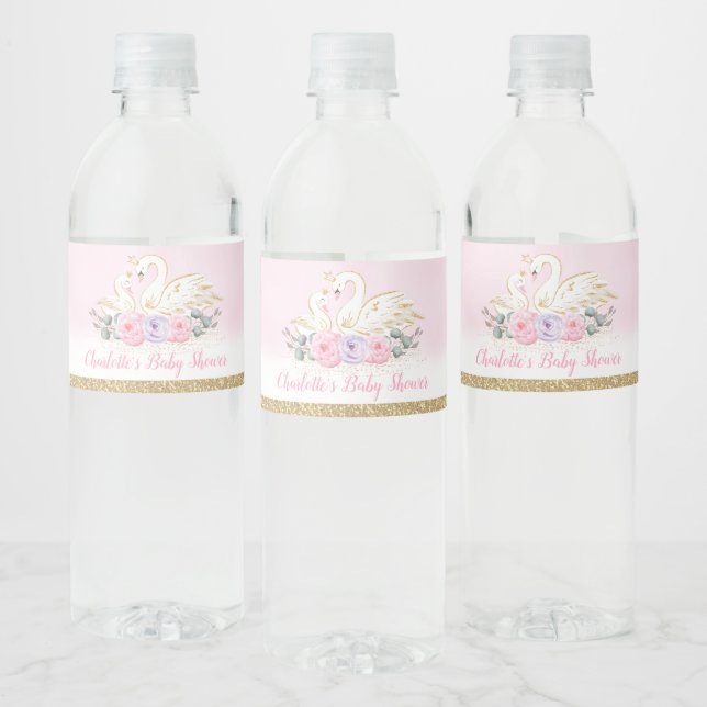 Pink Purple Floral Swan Princess Baby Shower Favou Water Bottle Label (Bottles)