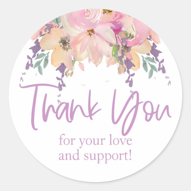 Pink Purple Floral Thank You Birthday Wedding Classic Round Sticker (Front)