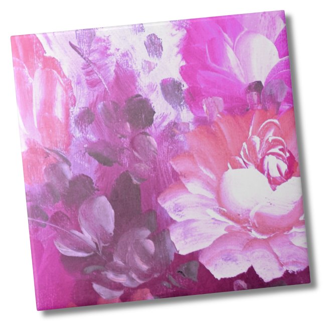 Pink Purple Floral Tile (Whimsical Purple Pink Botanical Painted Floral Ceramic Tile)