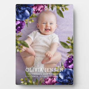 Pink Purple Floral Watercolor Baby birth stats Plaque