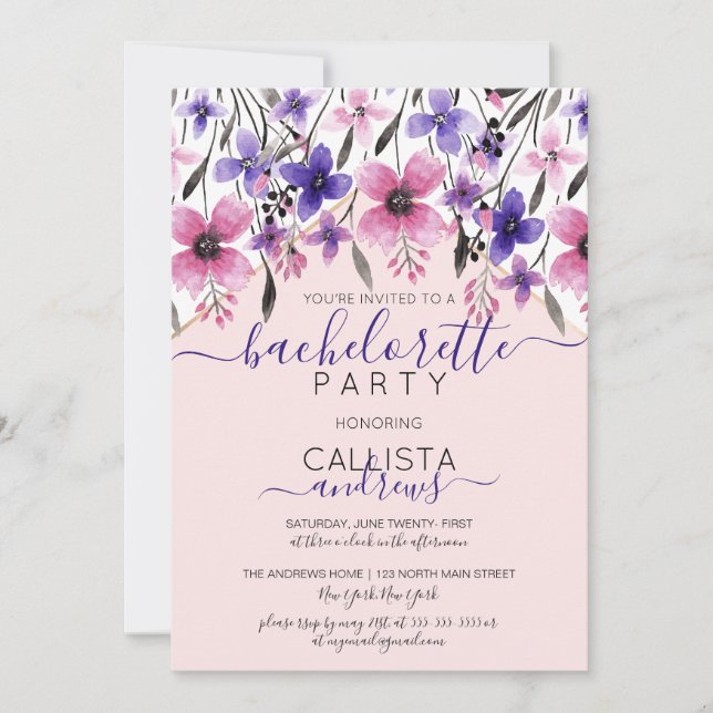 Pink Purple Floral Watercolor Bachelorette Party Invitation (Front)