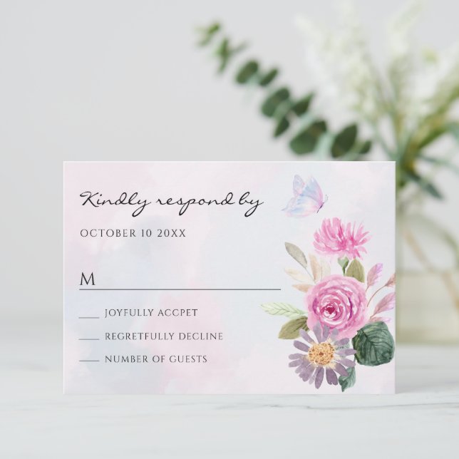 Pink purple floral watercolor butterfly RSVP card (Standing Front)