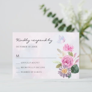 Pink purple floral watercolor butterfly RSVP card