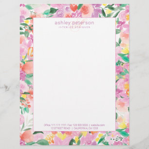 Pink purple floral watercolor elegant monogram custom letterhead