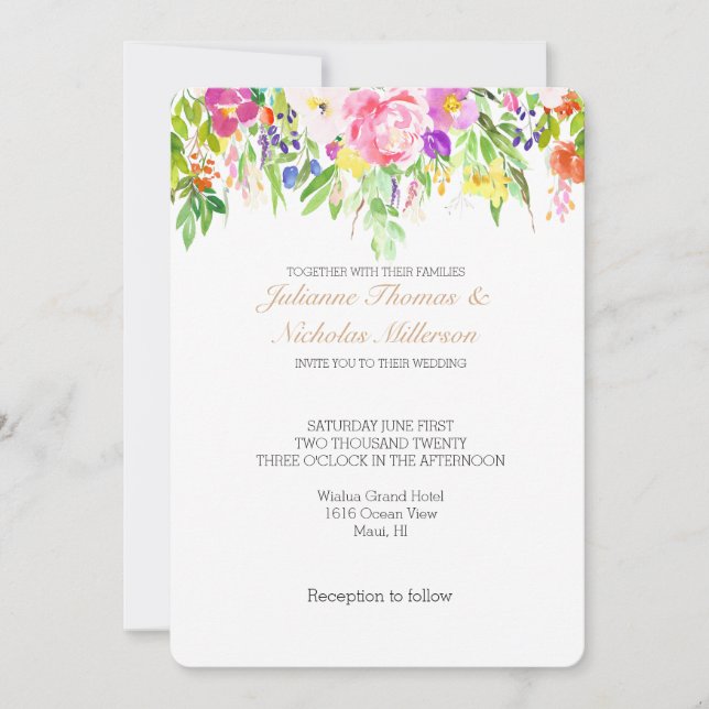 Pink Purple Floral Watercolor Gold Sparkle Wedding Invitation (Front)