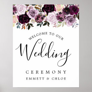 Pink Purple Floral Wedding Ceremony Welcome Sign
