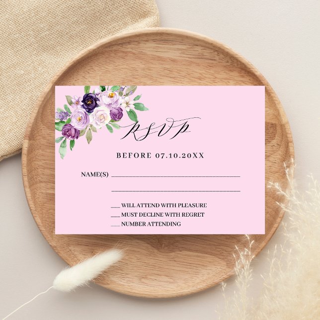 Pink purple floral wedding response RSVP card (Creator Uploaded)
