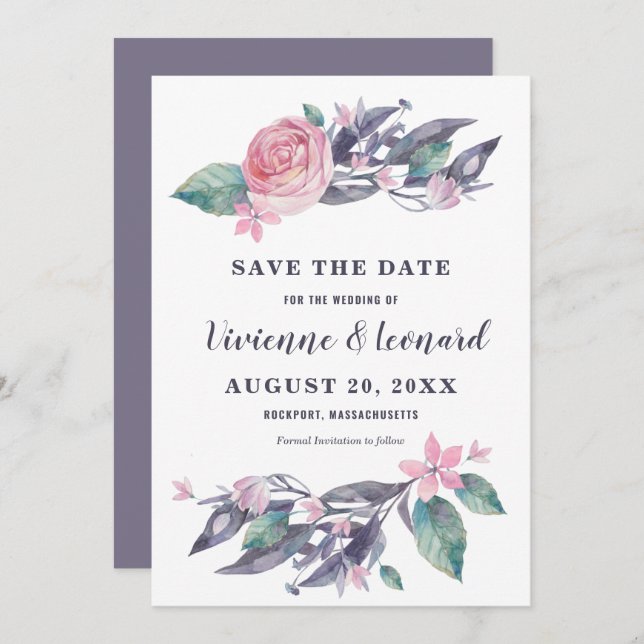 Pink Purple Floral Wedding Save the Date Card (Front/Back)