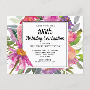 Pink Purple Floral Women's 100th Birthday Invitation Postcard