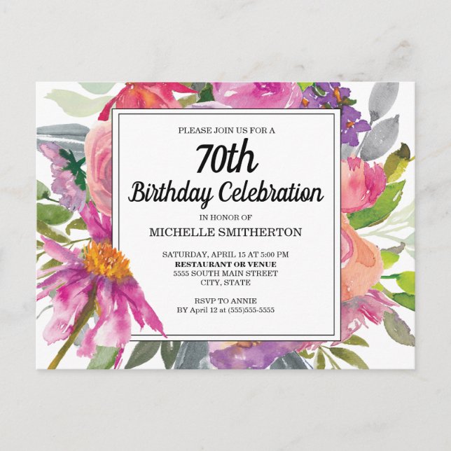 Pink Purple Floral Women's 70th Birthday Invitation Postcard (Front)