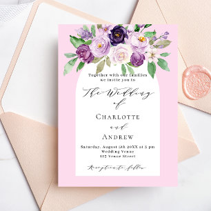 Pink purple florals arch wedding invitation