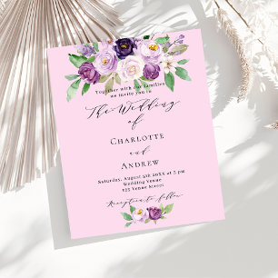 Pink purple florals budget wedding invitation