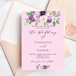 Pink purple florals greenery script wedding invitation postcard