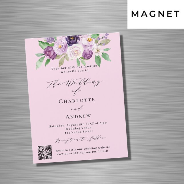Pink purple florals QR details RSVP luxury wedding Magnetic Invitation (Creator Uploaded)