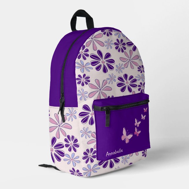 Pink Purple Flower Doodle Pattern Printed Backpack (Back Corner Left)