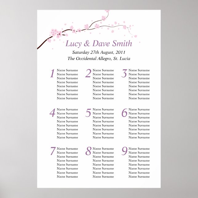 Pink & Purple Flower Wedding Table Seating Plan Poster (Front)