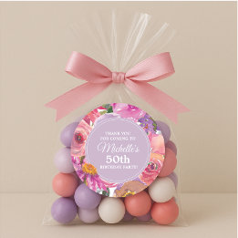 Pink Purple Flowers 50th Birthday Party Thank You Classic Round Sticker