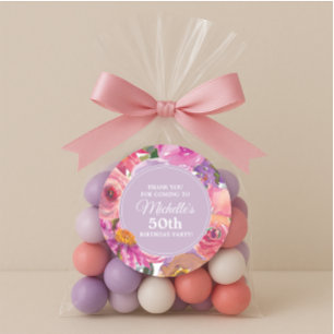 Pink Purple Flowers 50th Birthday Party Thank You Classic Round Sticker