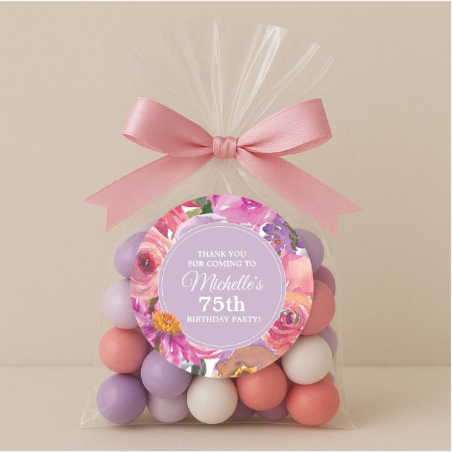 Pink Purple Flowers 75th Birthday Party Thank You Classic Round Sticker (75th birthday thank you sticker)