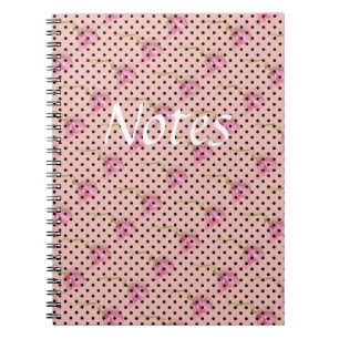 Pink purple flowers and black polka dots spiral notebook