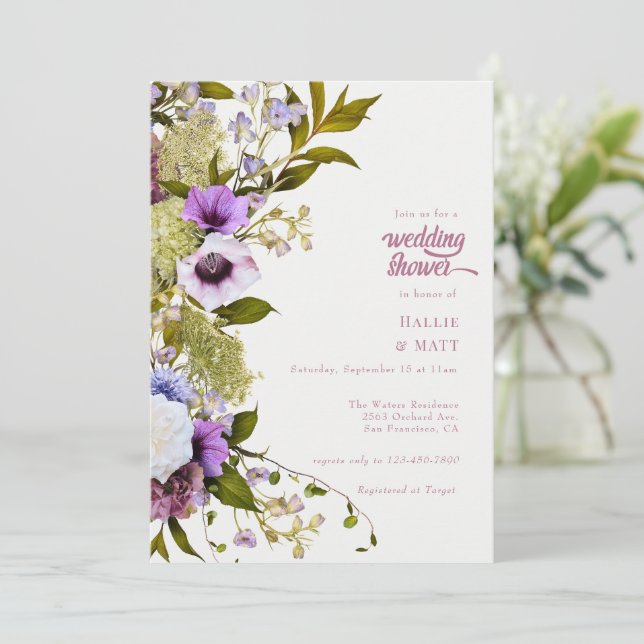 Pink Purple Flowers |  Bloom Wedding Shower Invitation (Standing Front)