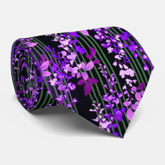 PINK PURPLE FLOWERS,GREEN BLACK STRIPES Floral Tie