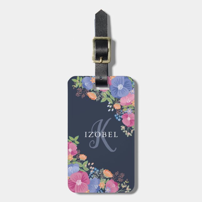 Pink & Purple Flowers Monogram Luggage Tag (Front Vertical)