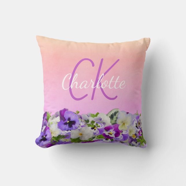 Pink purple flowers name monogram script cushion (Front)