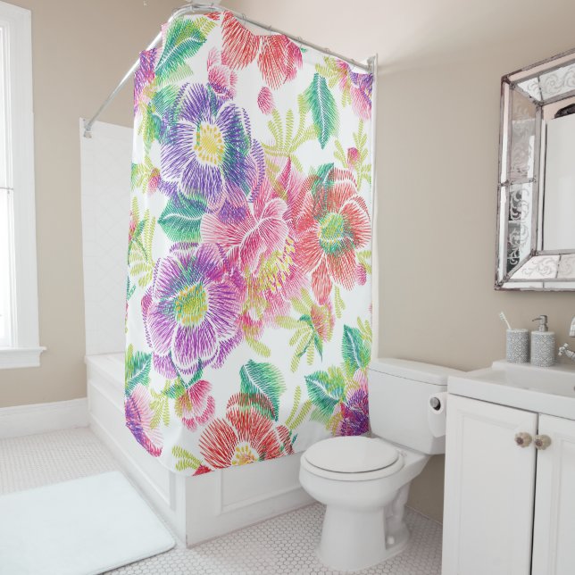 Pink & Purple Flowers Pattern D6 Shower Curtain (In Situ)