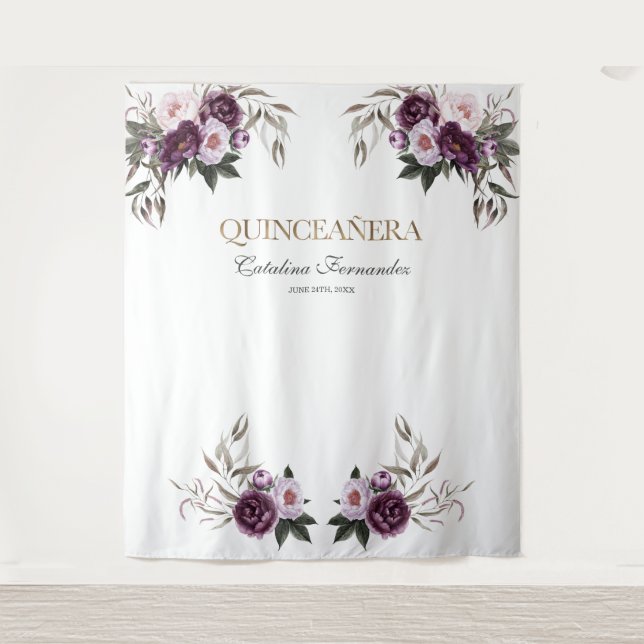  Pink Purple Flowers Rose Gold QUINCEAÑERA Prop Tapestry (Front)