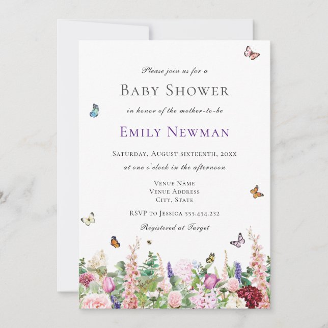 Pink Purple Flowers with Butterflies Baby Shower  Invitation (Front)