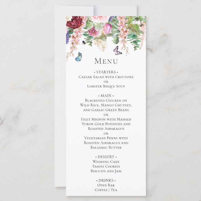 Pink Purple Flowers with Butterflies Menu Card (Front)