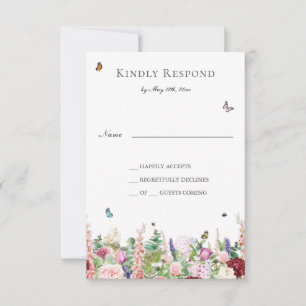 Pink Purple Flowers with Butterflies RSVP Card