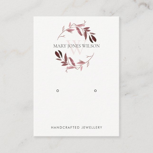 PINK PURPLE FOLIAGE MONOGRAM EARRING DISPLAY LOGO BUSINESS CARD (Front)