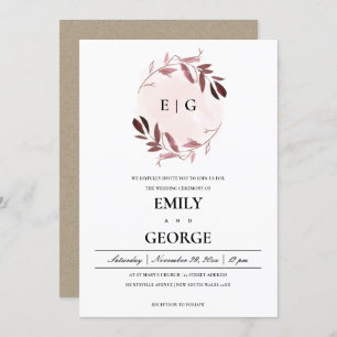 PINK PURPLE FOLIAGE WATERCOLOR WASH WREATH WEDDING INVITATION